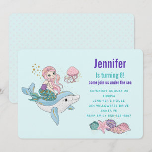 Convite Sereia Montando um Golfinho Sob o Mar de Aniversár