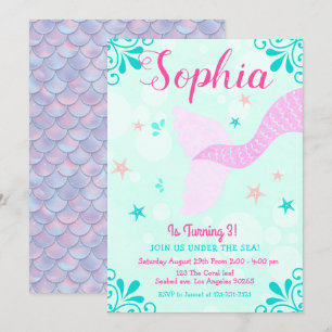 Convite Sereia ou Abaixo do Mar Aqua Teal Splash Aniversár