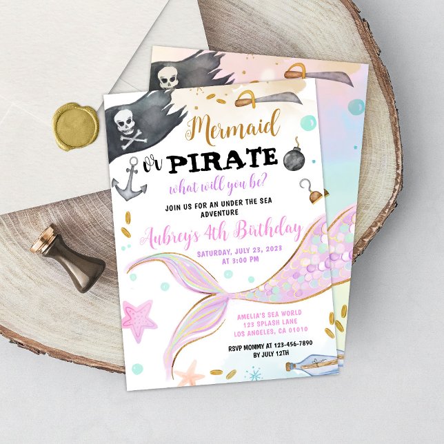 Convite Sereia ou Aniversário Pirata sob o Partido do Mar (Mermaid Pirate Birthday Invitation)