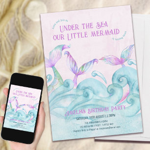 Convite Sereia Pequena Sob o Mar Menina Rosa Aniversário