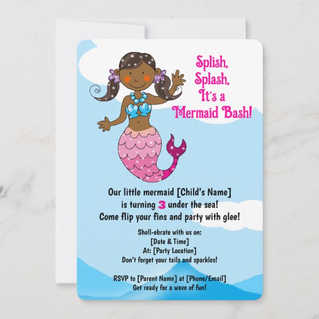 Convite Sereia personalizável Cabelo Design escuro (Frente)