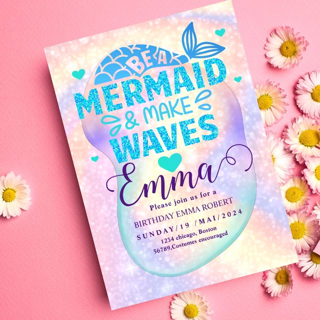 Convite Sereia, Piscina do mar, Festa Rosa, Brilho (Criador carregado)