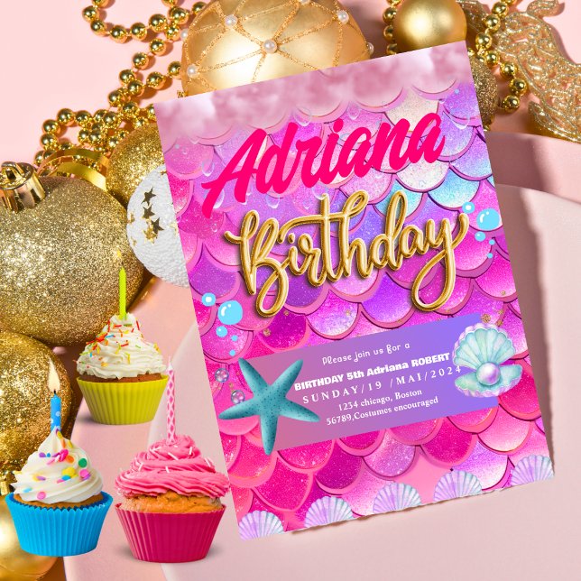 Convite Sereia, Piscina do mar, Festa Rosa, Brilho (Criador carregado)