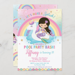 Convite Sereia, Piscina do Partido Birthday Black Hair