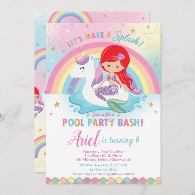 Convite Sereia Piscina do Partido Birthday Red Hair Girl (Frente/Verso)