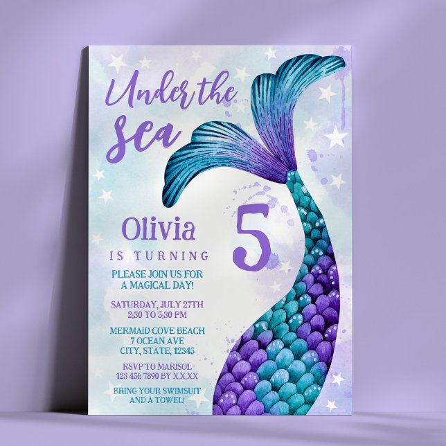 Convite Sereia - Púrpura + Coloração d'água Teal Aniversár (Mermaid Tail in Purple + Teal Watercolor Birthday Invitation)