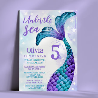 Convite Sereia - Púrpura + Coloração d'água Teal Aniversár