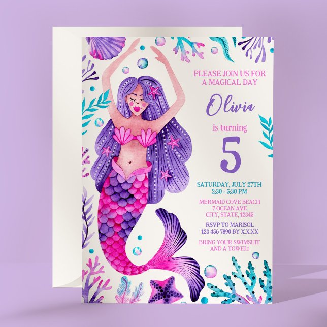 Convite Sereia Rapariga de Aniversário, Festa Rosa e Roxa (Mermaid Girl Birthday Pink and Purple Party Invitation)