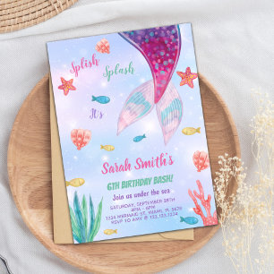 Convite Sereia Rosa Escura Personalizável Aniversário