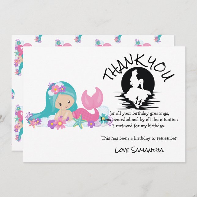 Convite Sereia Rosa Festa de aniversário Púrpura Obrigado (Frente/Verso)