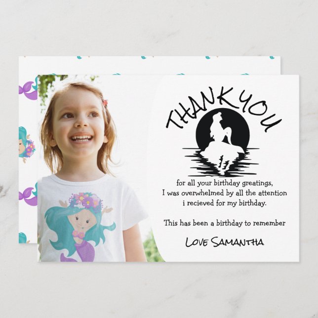 Convite Sereia Rosa Festa de aniversário Púrpura Obrigado (Frente/Verso)