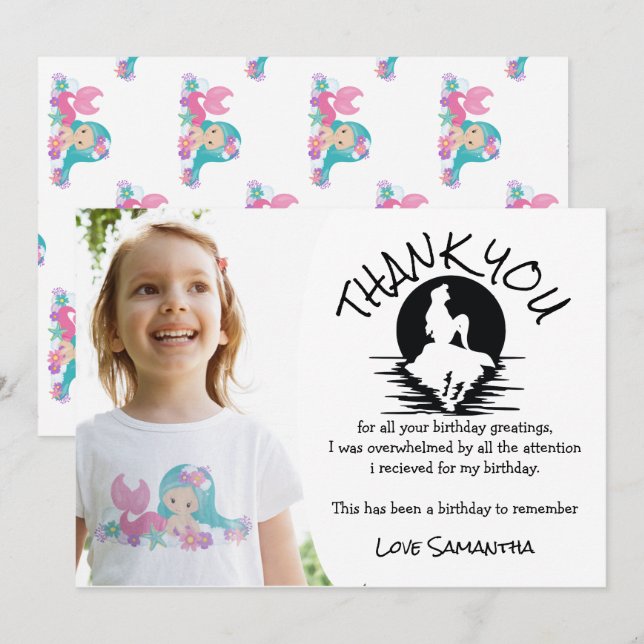 Convite Sereia Rosa Festa de aniversário Púrpura Obrigado (Frente/Verso)