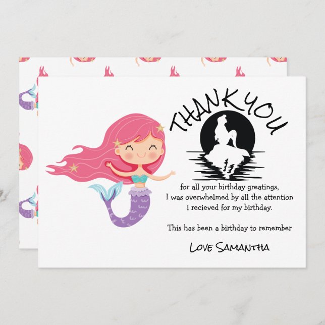 Convite Sereia Rosa Festa de aniversário Púrpura Obrigado (Frente/Verso)