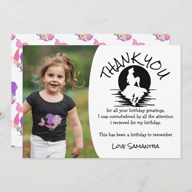 Convite Sereia Rosa Festa de aniversário Púrpura Obrigado (Frente/Verso)