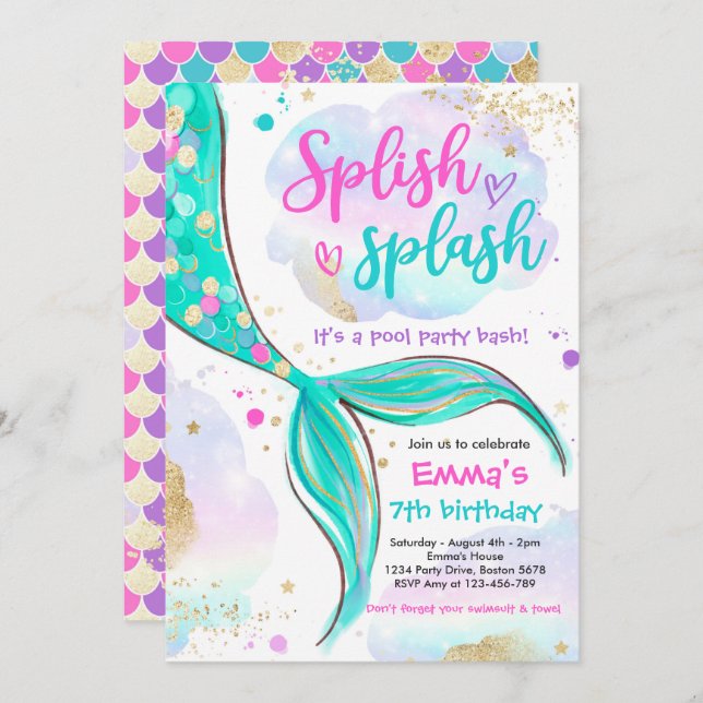 Convite Sereia Rosa, Piscina-Sereia, Sob O Mar (Frente/Verso)