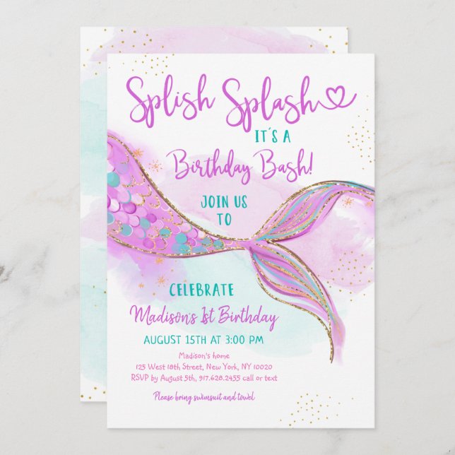 Convite Sereia Rosa Púrpura Dourada Aquarela Aniversário (Frente/Verso)