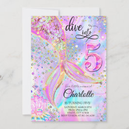Convite Sereia Rosa Roxo Mergulhe nos Cinco 5º Aniversário