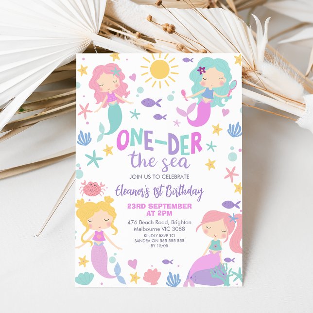 Convite Sereia Roxa Abaixo Do primeiro aniversario Do Mar (Editable Oneder the Sea Mermaid Invitation, First 1st Mermaid Birthday Invitation, Little Mermaid)