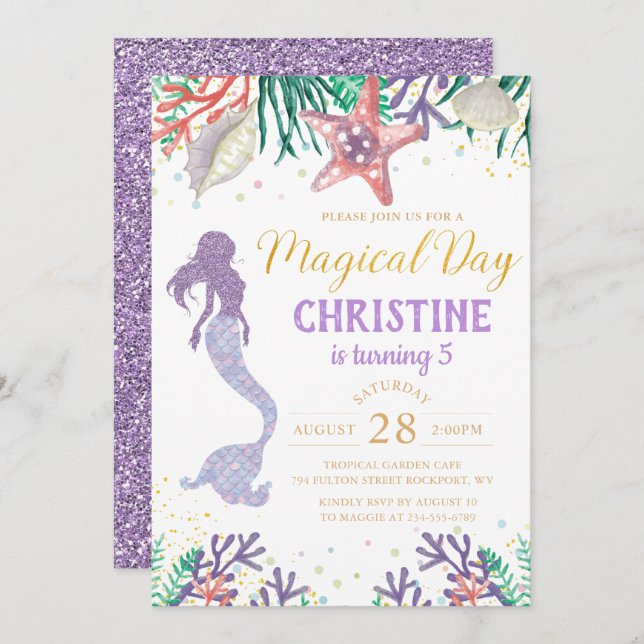 Convite Sereia Roxa De Louro Sob O Aniversário Do Mar (Frente/Verso)