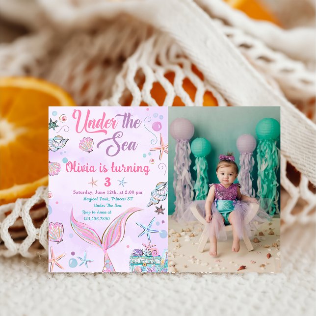 Convite Sereia Roxa Sob A Foto De Aniversário Do Mar (Criador carregado)