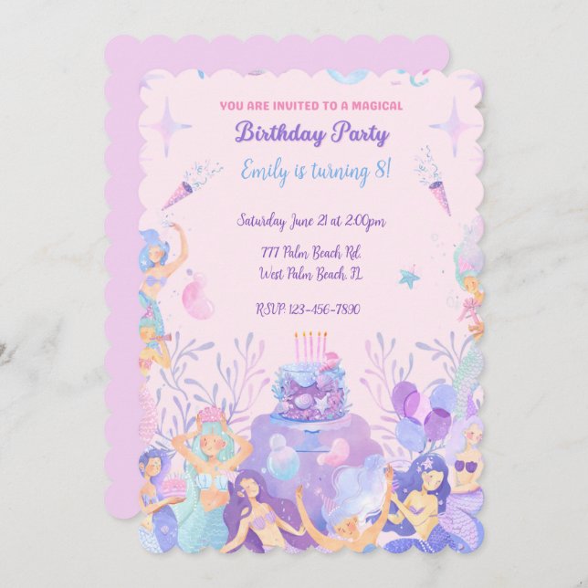 Convite Sereia Roxa Sob O Aniversário Do Mar (Frente/Verso)