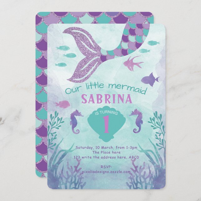 Convite Sereia, Roxo, Cauda, Sob o mar (Frente/Verso)