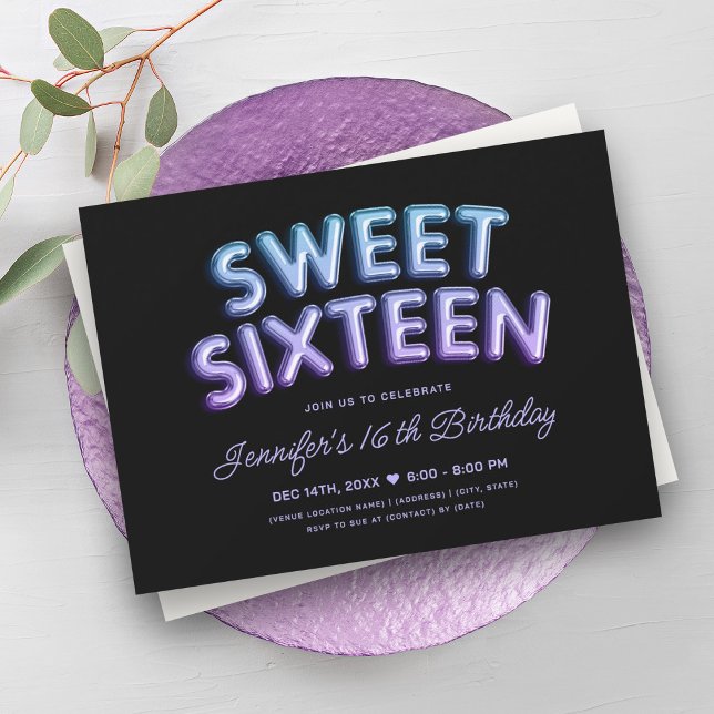 Convite Sereia Roxos Roxos Negros Doce 16 (Mermaid Teal Purple Balloons Black Sweet 16 Invitation)