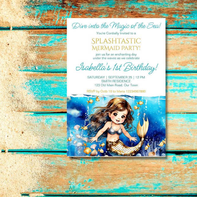 Convite Sereia sob a festa de aniversário das garotas boni (Mermaid under the sea birthday party template invitation cute baby mermaid with sea shells gold fish)