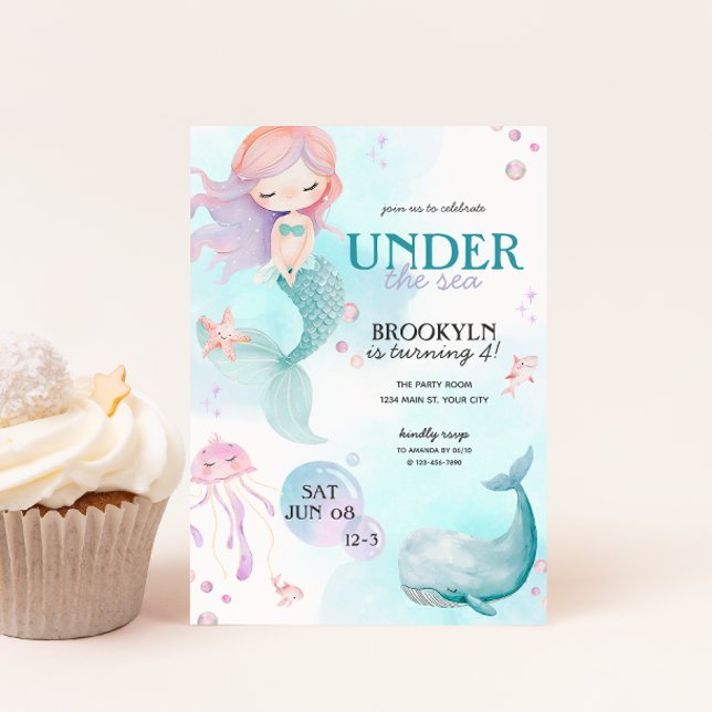 Convite Sereia Sob A Festa de aniversario de meninas Do Ma (Girls Mermaid Under the Sea Birthday Invite)