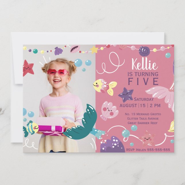 Convite Sereia Sob A Foto De Aniversário Das Raparigas Do  (Frente)