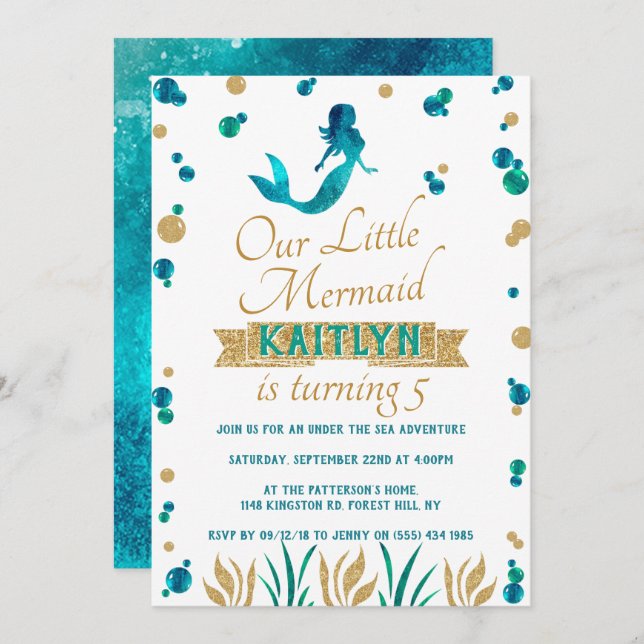 Convite Sereia Sob As Garotas Do Mar, Qualquer Idade, Aniv (Frente/Verso)
