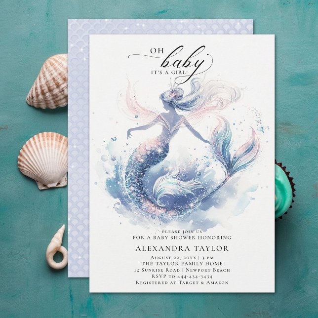 Convite Sereia Sob Chá de fraldas De Menina Elegante Do Ma (under the sea mermaid girl baby shower invitation elegant watercolor modern classy chic)