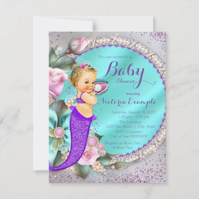 Convite Sereia Sob O Chá de fraldas Do Mar (Frente)