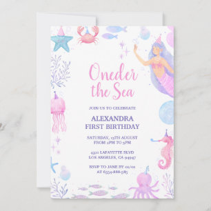 Convite Sereia Sob o Mar Aquarela Menina 1º Aniversário