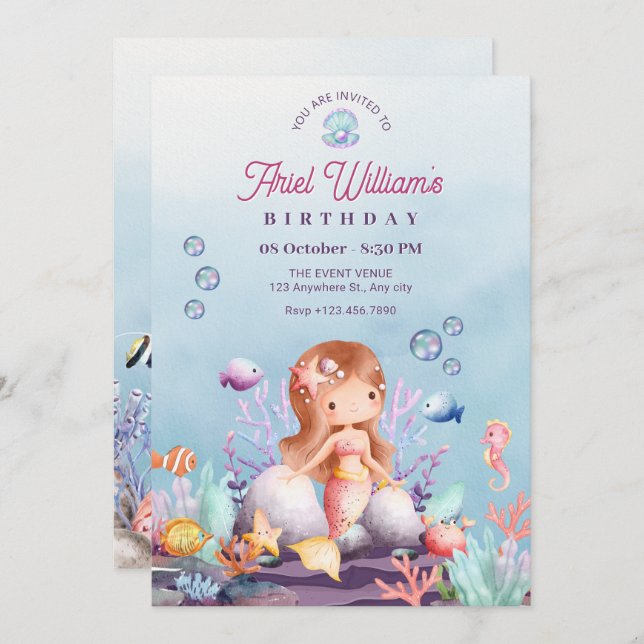 Convite Sereia sob o mar de aniversário (Frente/Verso)