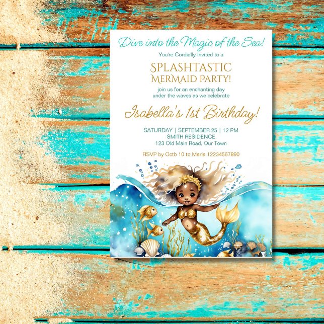 Convite Sereia sob o mar, festa de garotinha africana (Mermaid under the sea birthday party template invitation cute African baby girl withg old  seashells)
