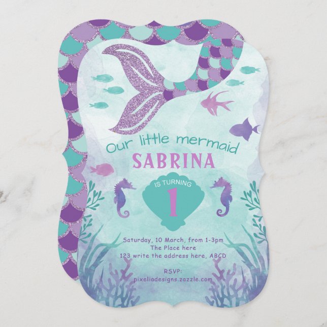 Convite Sereia, Sob O Mar, Glitter, Cauda, Garota (Frente/Verso)