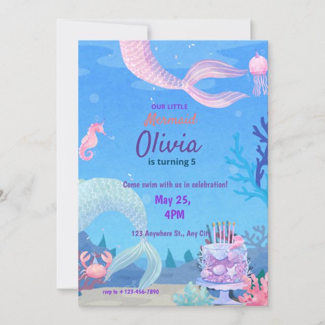Convite Sereia sob o mar mágico Aniversário (Frente)
