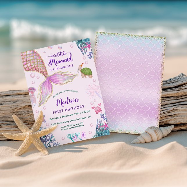 Convite Sereia Sob O Partido do primeiro aniversario Marít (Little mermaid 1st birhtday party invitation)