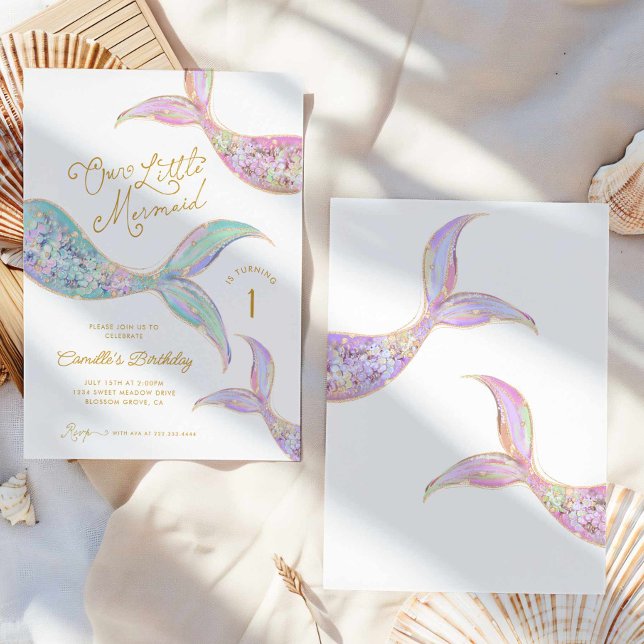 Convite Sereia sob o primeiro aniversario do mar (Our Little Mermaid First Birthday Party Invitation)