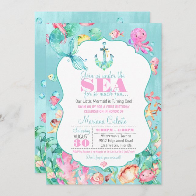 Convite Sereia Sob O Primeiro Aniversário Marítimo Náutico (Frente/Verso)