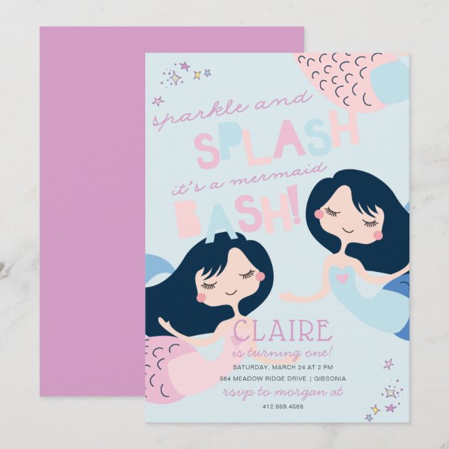 Convite Sereia Splash Bash Aniversário (Frente/Verso)