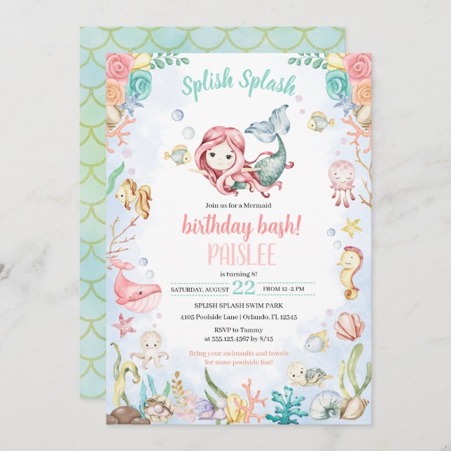 Convite Sereia Splash Sob O Partido Da Piscina Do Mar Aniv (Frente/Verso)