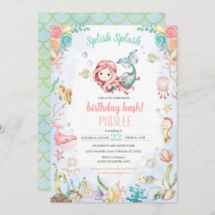 Convite Sereia Splash Sob O Partido Da Piscina Do Mar Aniv