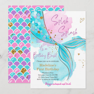 Convite Sereia Splish Splash Piscina Party Girl Aniversár