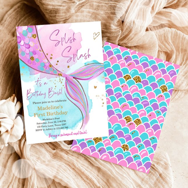 Convite Sereia Splish Splash Piscina Party Girl Aniversári (Criador carregado)