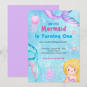 Convite Sereia Veleja Sob O Mar Rosa Dourado Aniversário