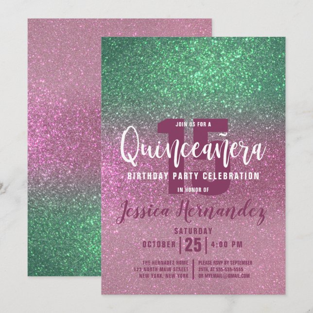 Convite Sereia Verde Rosa Triplo Glitter Quinceañera (Frente/Verso)