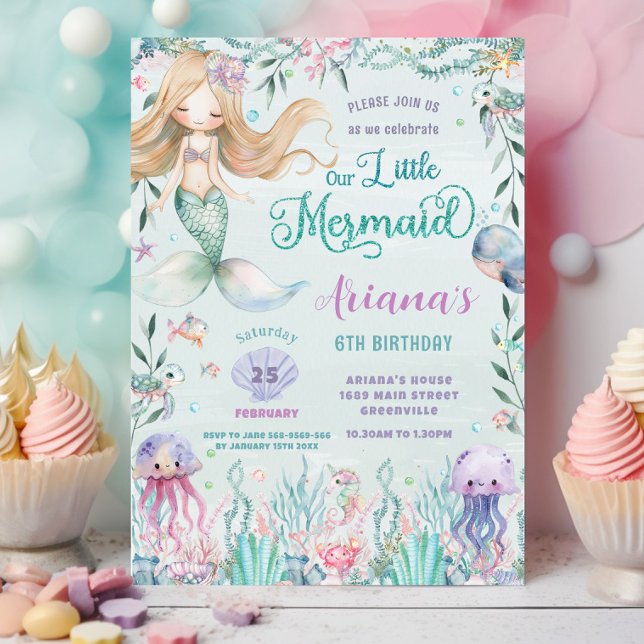 Convite Sereia Whimsical embaixo da Piscina do mar Anivers (blonde mermaid under the sea cute ocean creatures pool birthday party invitation cards printed )