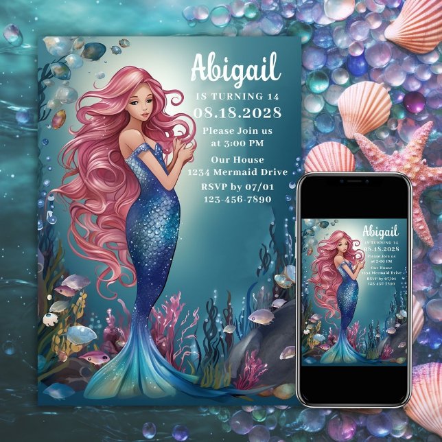 Convite Sereia Whimsical Glamorosa Sob O Aniversário Do Ma (Glamorous Whimsical Mermaid Under the Sea Birthday Invitation)